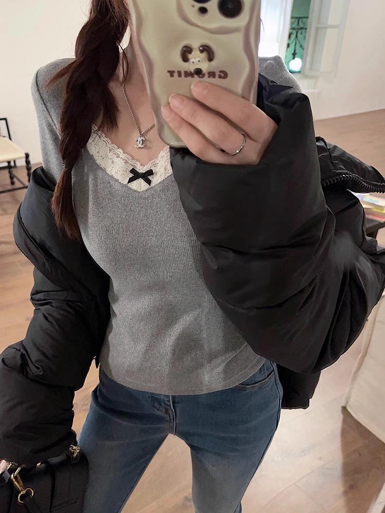 Gray Lace-Stitched Long Sleeve Top: 2024 Spring/Autumn Niche Women's Shirt