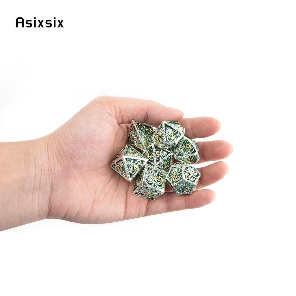 7 Pcs Silver Green Squid Metal Dice Hollow Metal Polyhedral Dice Set Suitable for Role-Playing RPG  Board Game Card Game