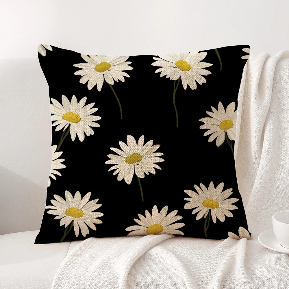 Black Daisy Cushion Cover Natural Linen Organic Fabric Double-Sided Printing Sofa Home Decor Gift Pillow Cover