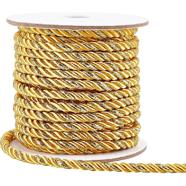 PH PandaHall 5mm Gold Cord Rope 15 Yards Metallic Twine Cord 3-Ply Polyester Shiny Cord Thread Decorative Rope for Home Décor Upholstery Curtain