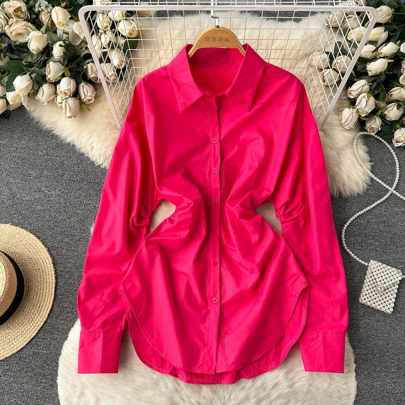 

Retro Waist-Controlled Long Sleeves Pure Color Chic Peplum Top Rose Red One size