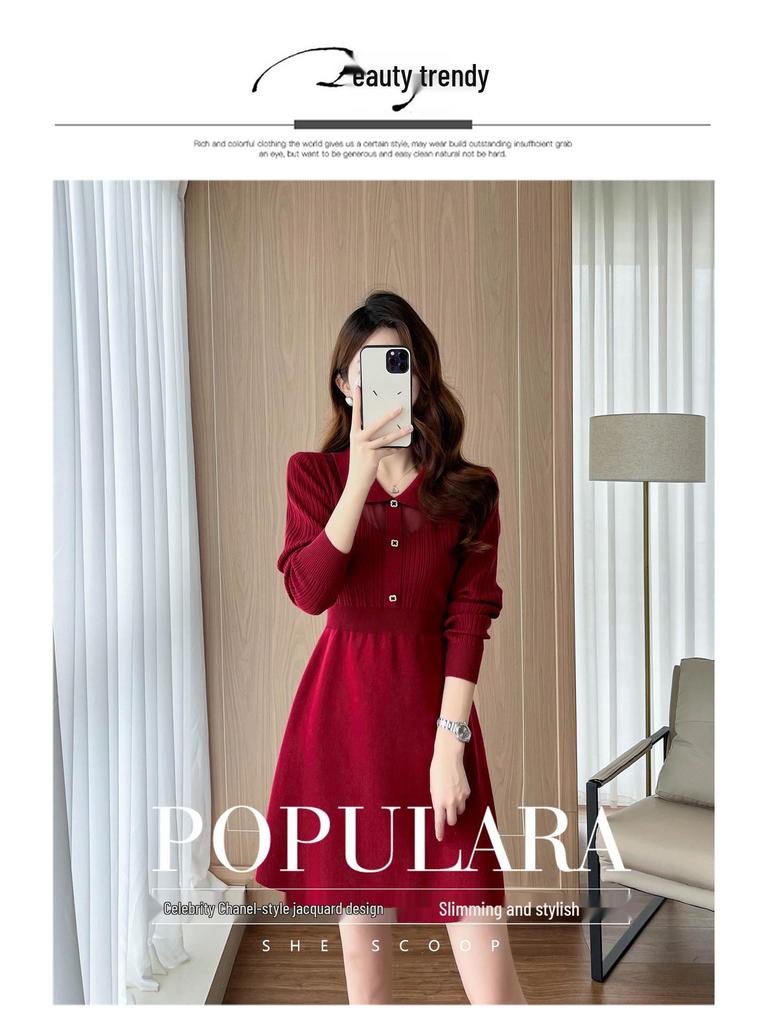 2026 Autumn/Winter Red Slimming Knit Dress for Petites