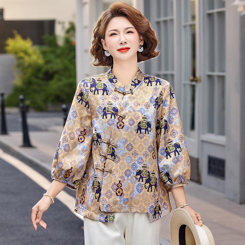 

Women s Chic Seven-Sleeve Shirt with Chinese-Style Collar and Print 3XL (Recommended 115-130 Jin) хакі