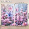 Room Darkening Flat Printing Window Curtains Pink Flowers Butterflies Polyester Wall Decor Suitable Bedroom Wind Curtain Set Of 2 Made Washable