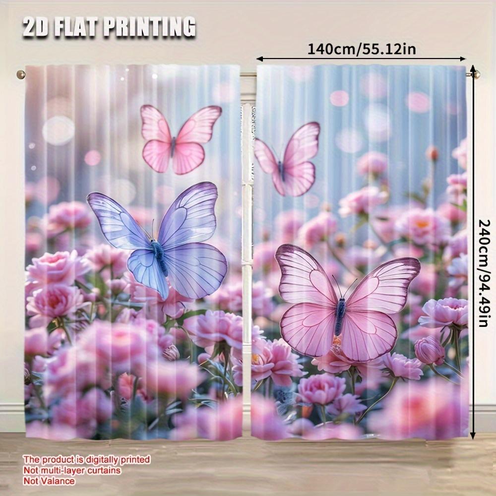 Room Darkening Flat Printing Window Curtains Pink Flowers Butterflies Polyester Wall Decor Suitable Bedroom Wind Curtain Set Of 2 Made Washable