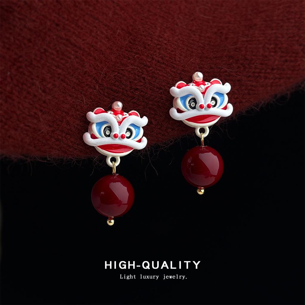 Cute Lion Dance Guochao New Chinese Design Hand Painted New Earrings Earrings Jewelry Supply Chain