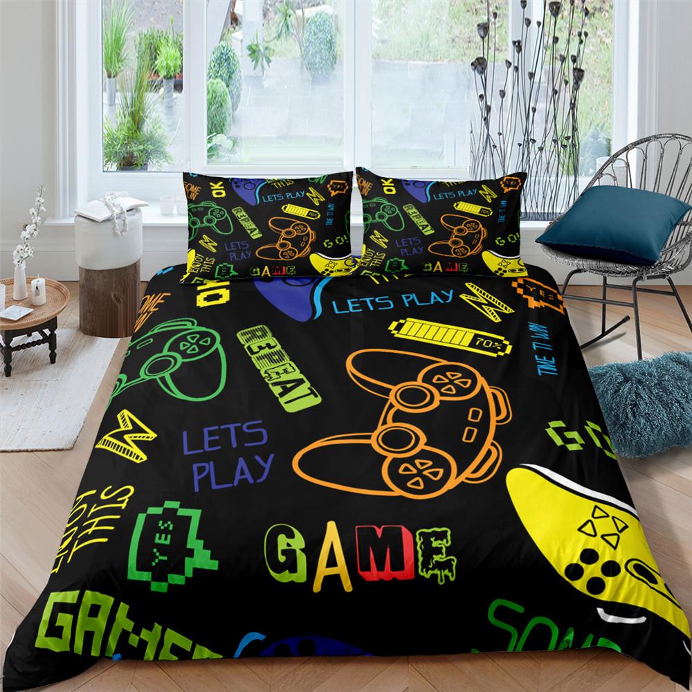 Gamer Bettbezug Set 3D Druck Jungen Spielzimmer Schwarzer Knopf mit Controller King Queen Größe für Jungen Teenager Polyester Bettwäscheset