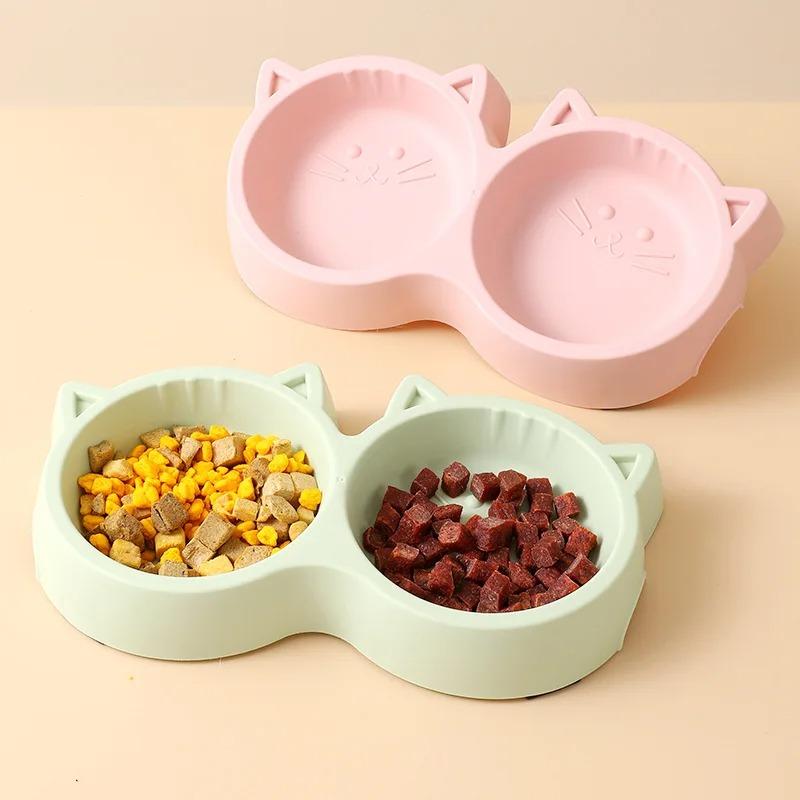 Cat Feeder Accessories Pet Supplies Pet Cat Double Bowl Material Cartoon Cat Face Shape Food Water Feeding Bowl Non-slip Puppy