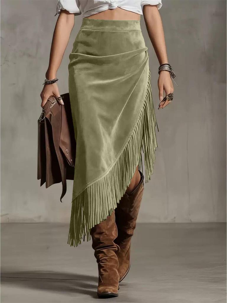 Retro Western European Suede Skirt with Irregular Design, Solid Color, 2026 Style