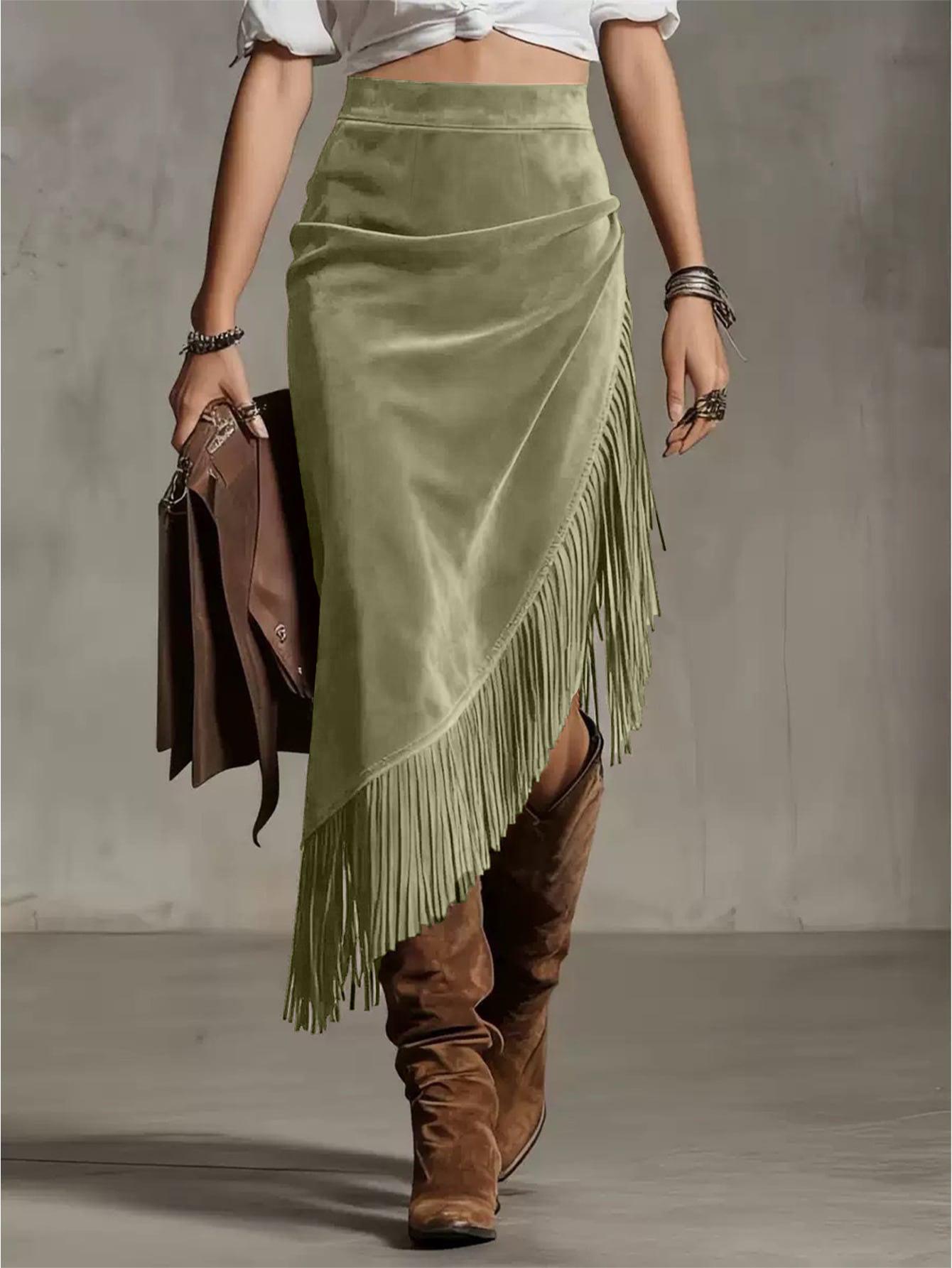 

Retro Western European Suede Skirt with Irregular Design, Solid Color, 2026 Style Extra Large зелений