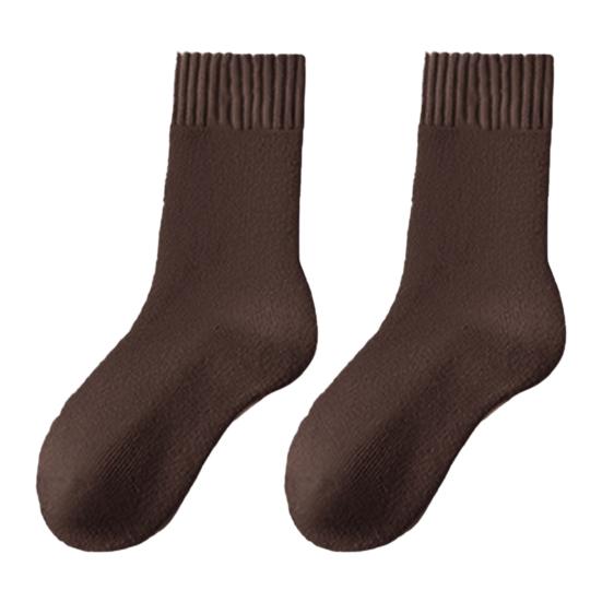 1 Pair Women Winter Socks Solid Color Ribbed Cuffs Thickened Plush Lining Sleeping Socks Autumn Winter Daily Wear