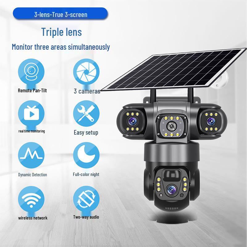 V380 Solar 4G Wireless HD Night Vision WiFi PTZ Battery Camera with Three Lenses