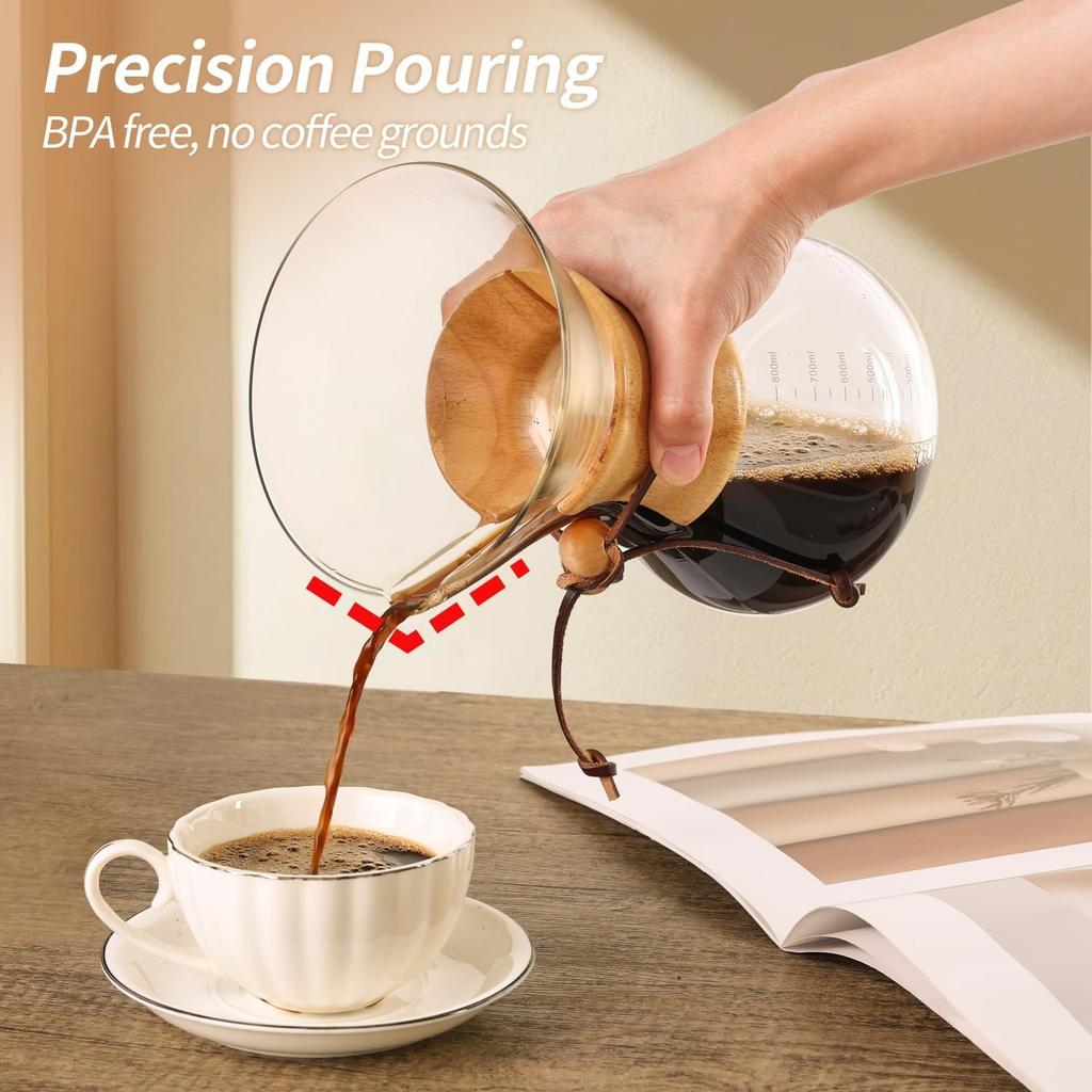 Pour Over Coffee Maker 27 OZ, 8 Cup Borosilicate Glass Drip Coffee Maker with Reusable Stainless Steel Filter and Cork Grip for Home Café 800 ML