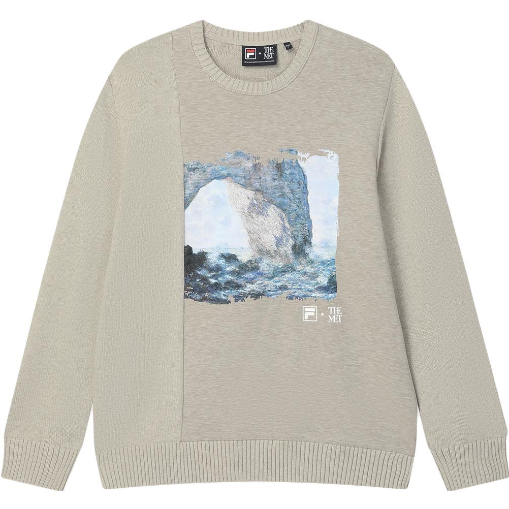 

FILA 2023 Зимний новый простой свободный вязаный свитер с принтом Моне, круглым вырезом и длинными рукавами, мужской свитер мягкого хаки, цветочно-серый F11M348401F-LK M