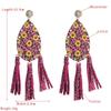 Women Hyperbole Double-sided Daisy Print Drop Earrings Titanium Steel Zircon Crystal Long Tassels PU Leather Bohemia Ear Ornaments
