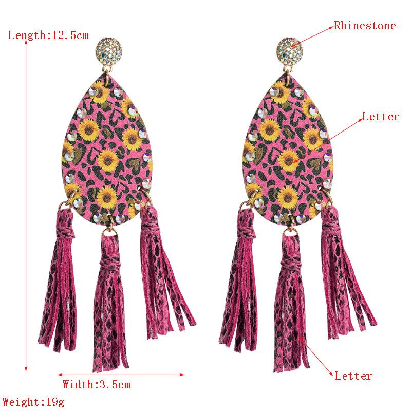 Women Hyperbole Double-sided Daisy Print Drop Earrings Titanium Steel Zircon Crystal Long Tassels PU Leather Bohemia Ear Ornaments