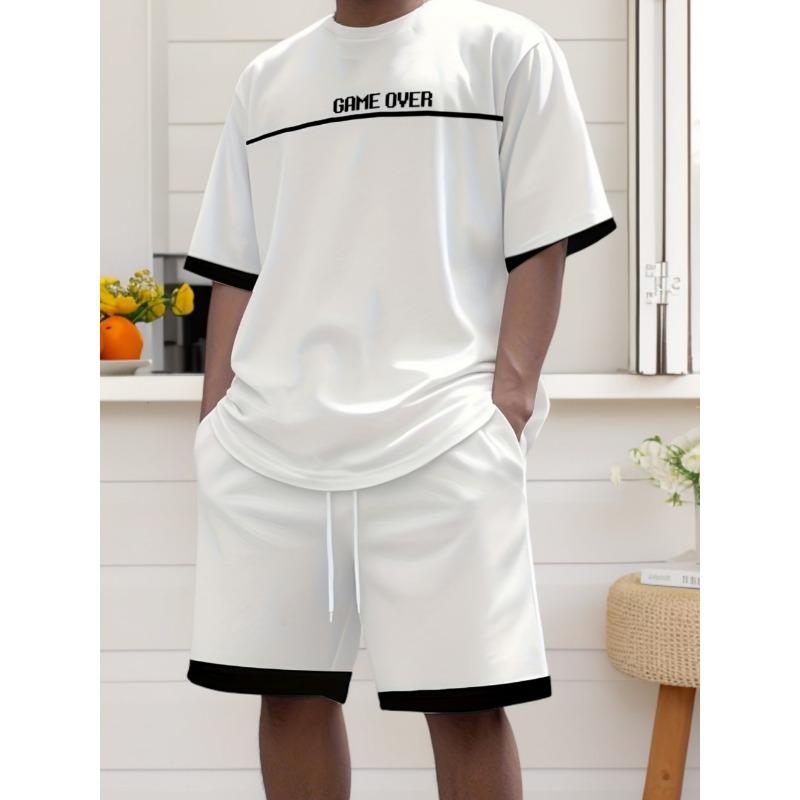 

Мужской модный дышащий спортивный комплект из футболки с круглым вырезом и шорт с принтом в виде полосатых букв, уличный повседневный топ 3XL