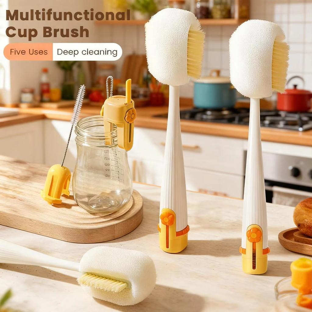 5 in 1 Bottle Brush Set Multipurpose Cup Washing Tool - Long Handle Cleaning Brush for Water Bottle, Thermos, Milk Bottle, Straw and Cups