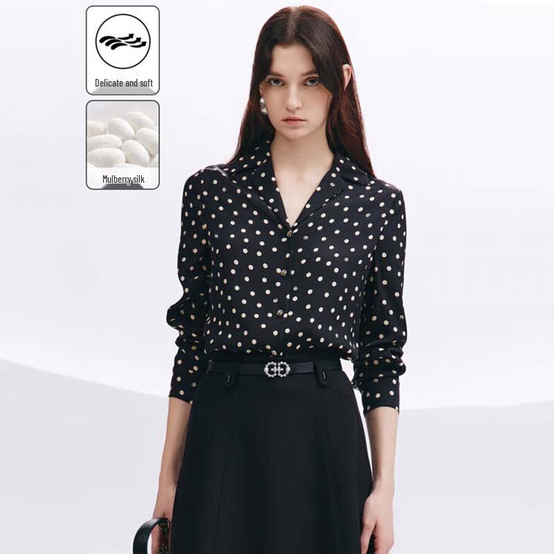 JESSIE Women s Retro Polka Dot Mulberry Silk Lapel Long Sleeve Shirt M