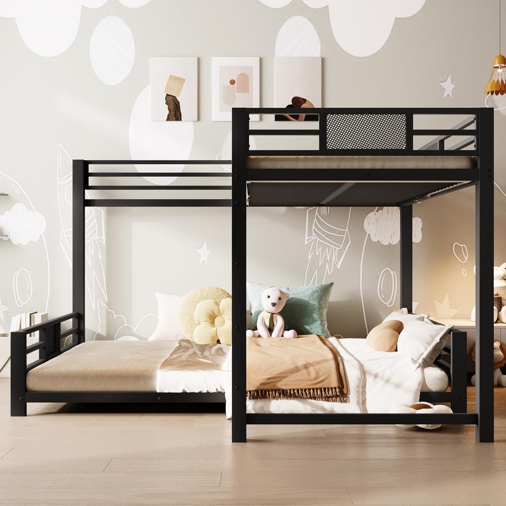 L-förmiges Metall-Etagenbett 90x200 über 140x200, Schwarz