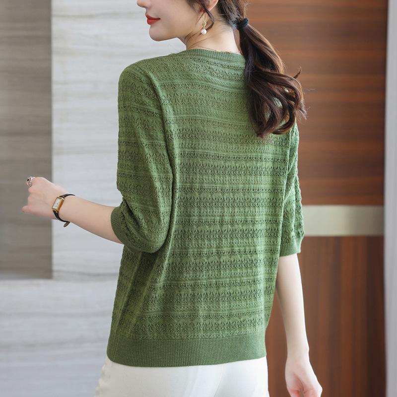 Summer Casual Hollow T-shirt Spring and Summer Mid Sleeve Knitted Sweater for Women
