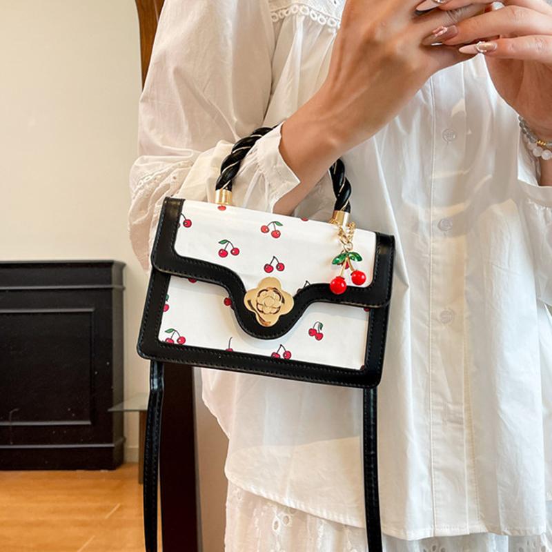 Women Cherry Square Bag PU Leather Sweet Cherry Crossbody Bag Adjustable Strap Sling Ladies Outdoor Small Handbags