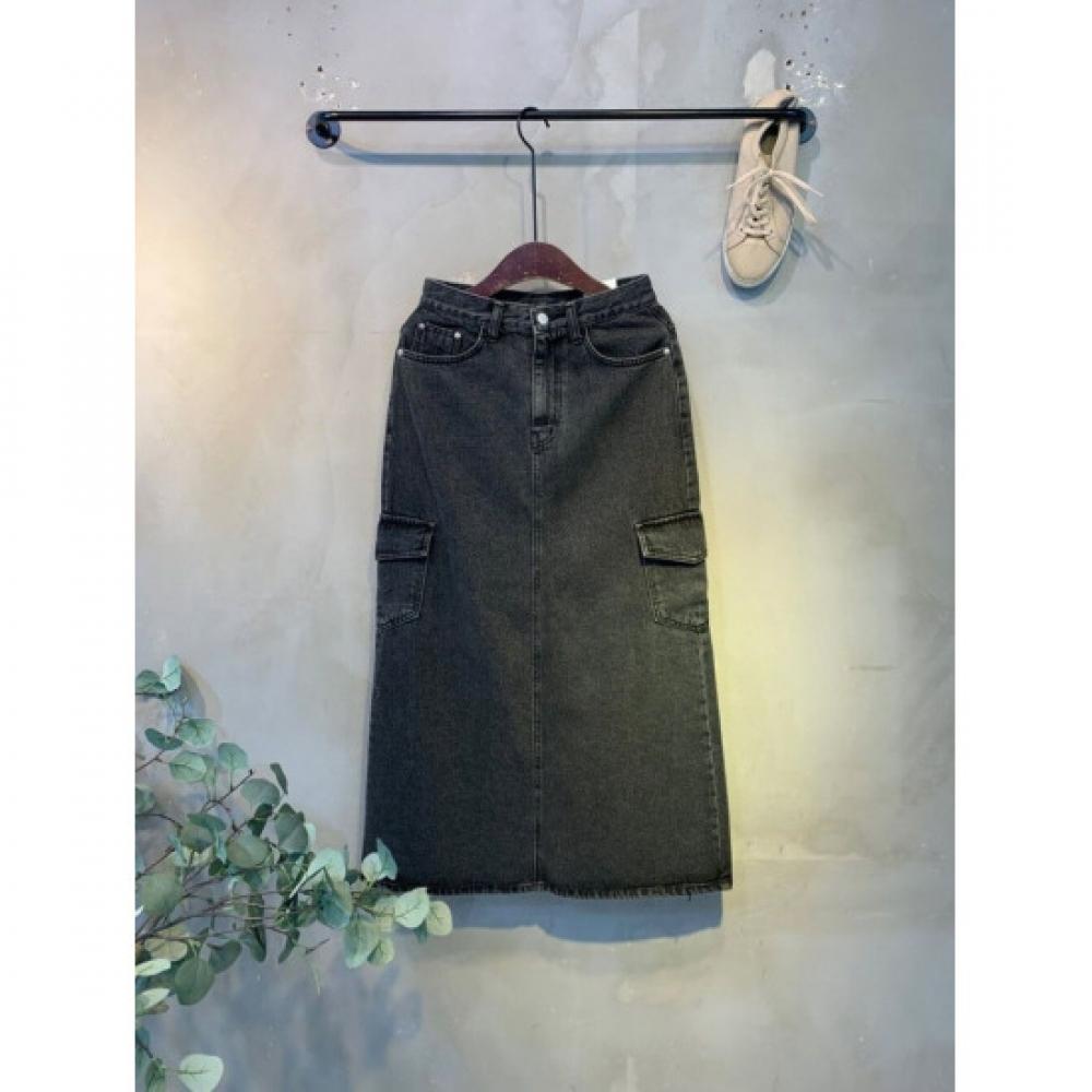 C S In The Room CArgo poCket bACk Slit Semi A lIne Denim Long Skirt 2Color