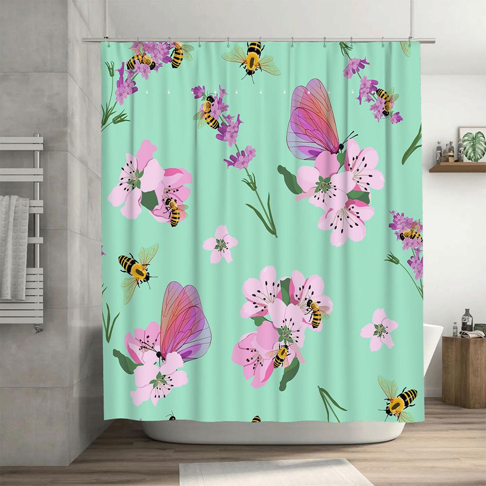 Decorative Floral Shower Curtain with Bees Butterfly Design for Bathroom Decor Waterproof Fabric Material, Suitable for Home Acc