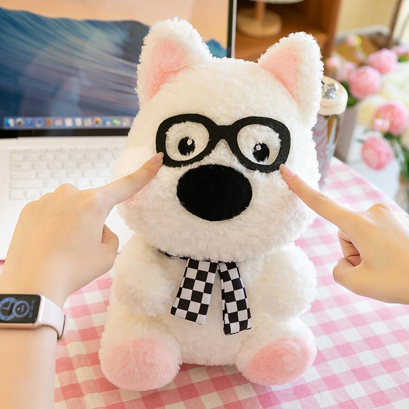 Glasses dog plush toy black and white plaid dog dog doll big sleeping hug leg doll