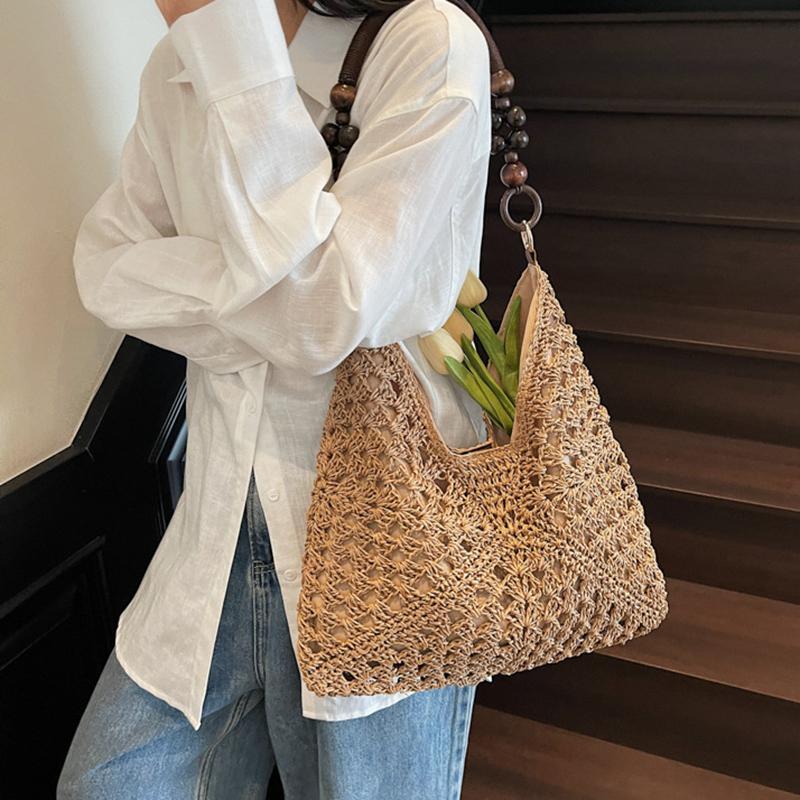 Yogodlns Trendy Hollow Out Straw Woven Bag Beach Handbag Large Capacity Bohemian Beach Bag Bucket Bag Tote Bag Hollow Shoulder Bag Travel