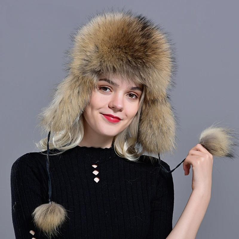 Woman Natural Raccoon Fox Fur Bomber Hats Fluffy Winter Warm Windproof Russian Earflaps Trapper Hat