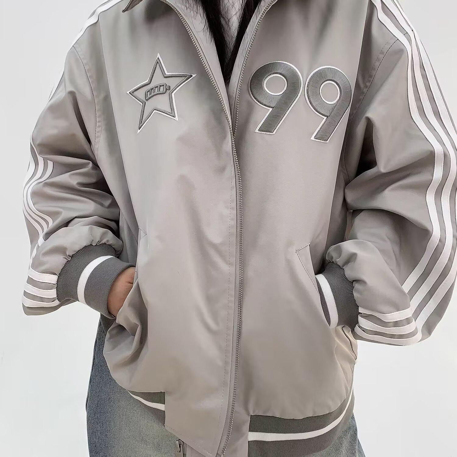 

Women s Retro College Baseball Jacket - American Style, Embroidered, Stand Collar, Spring/Autumn M хакі