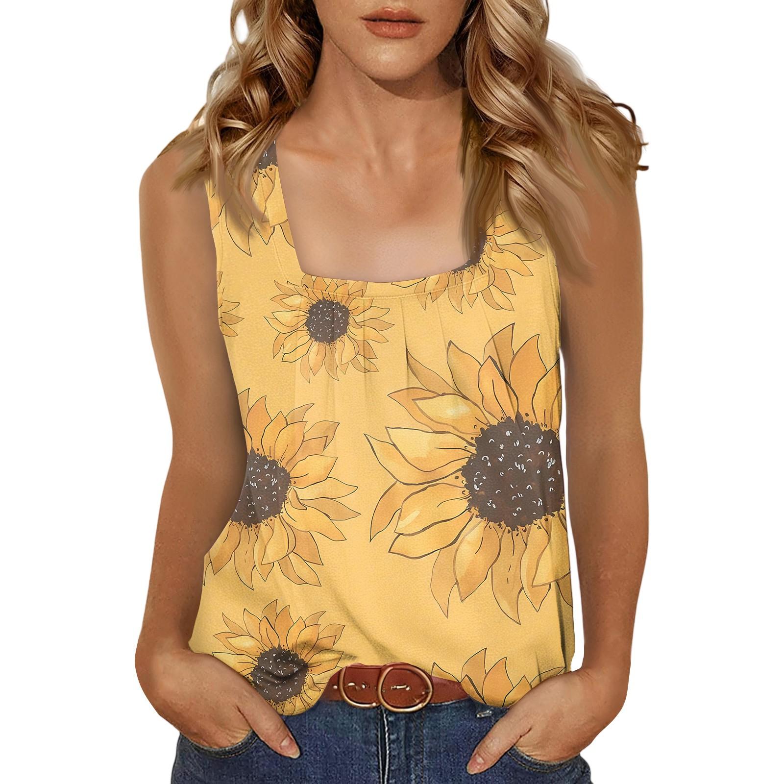 

Женская повседневная мода темперамент элегантный квадратный вырез диапазон цветочный принт топ XL жёлтый