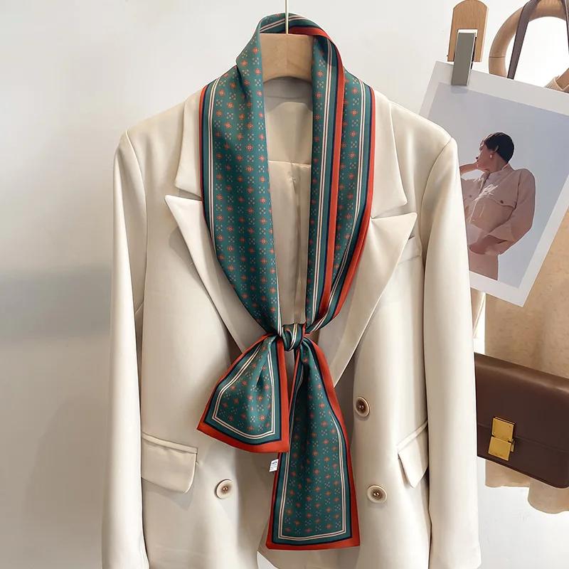 Fashion New Small Silk Scarf Women Tie Bag Headband Flower Printing Hairband Korean Style Neckerchief Ribbon Luxury Brand