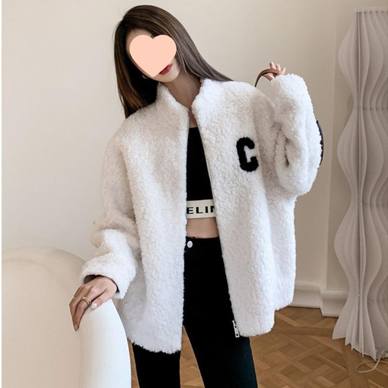 White coat women's autumn and winter new loose and versatile casual coral fleece stand-up collar zipper thickened fleece top