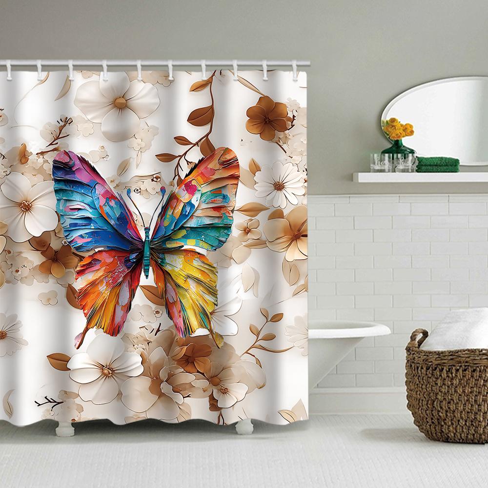 1/4 Colorful Butterfly shower Curtains, Toilet Seat Decoration, Shower Curtain with Carpet and Toilet Lid, 12 70.8x70.8 inch Hoo