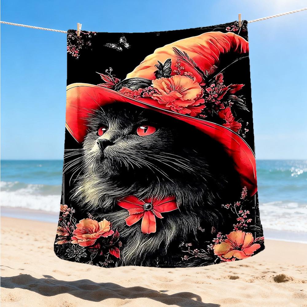 1pc Floral Hat Cat Print Outdoor Blanket, Lightweight Polyester,