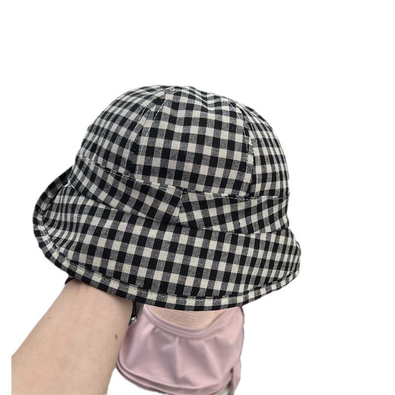 New cornice bow plaid fisherman's hat children's cotton and linen light breathable basin hat showing a small face versatile bucket hat