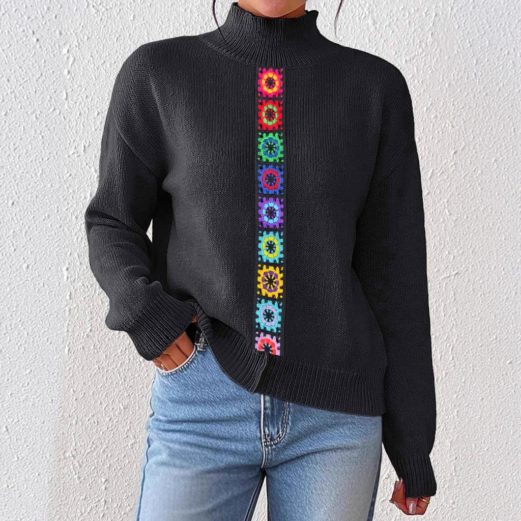 Personalized Patchwork Top, Semi-high Neck Pullover Sweater for Women