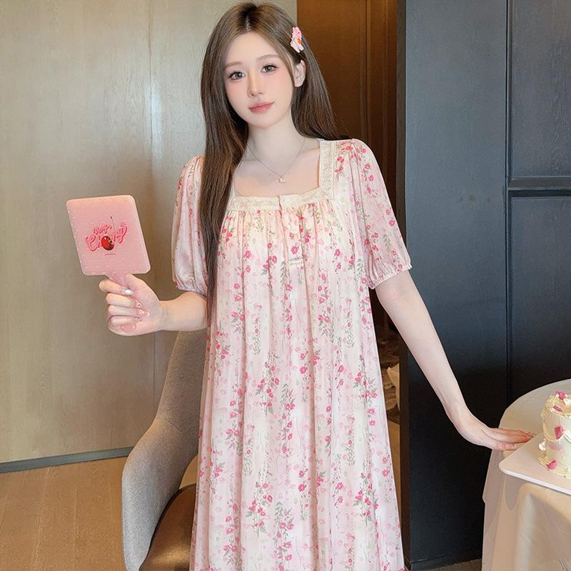 Linglei Summer Princess Style Mesh Short-Sleeved Nightdress Court Style Lace Japanese Printed Pajamas Loungewear Women