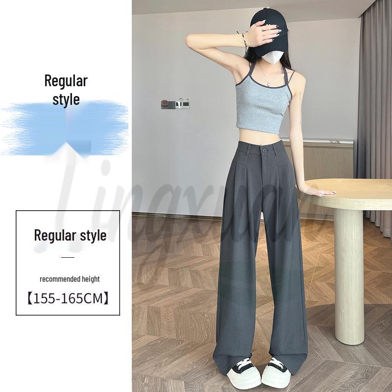 Gray High-Waisted Slimming Wide-Leg Suit Pants - Women's Versatile Loose Floor-Length Trousers for Spring and Summer