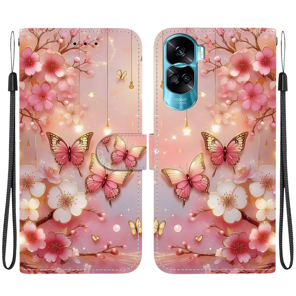 Ručně vyráběné PU kožené flipové pouzdro pro Honor 90 Lite (CRT-NX1) Protiskluzový nárazuvzdorný kryt s poutkem na zápěstí a designy srdce/růže a kočky