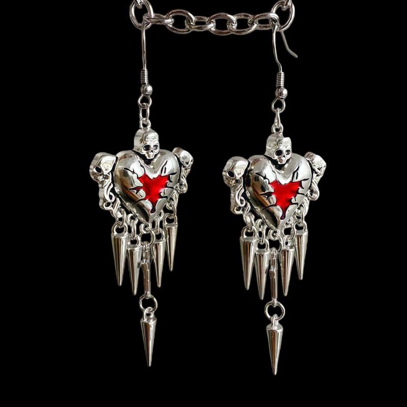 Abi Feng Gothic Punk Red Heart Skull Earrings with Rivets and Thorns