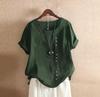 2025 Summer Retro Plus Size Casual Loose Cotton Linen Button Short Sleeve Pullover T-Shirt for Women
