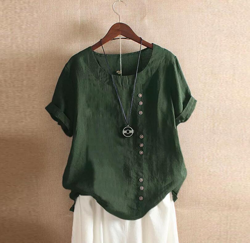 2025 Summer Retro Plus Size Casual Loose Cotton Linen Button Short Sleeve Pullover T-Shirt for Women