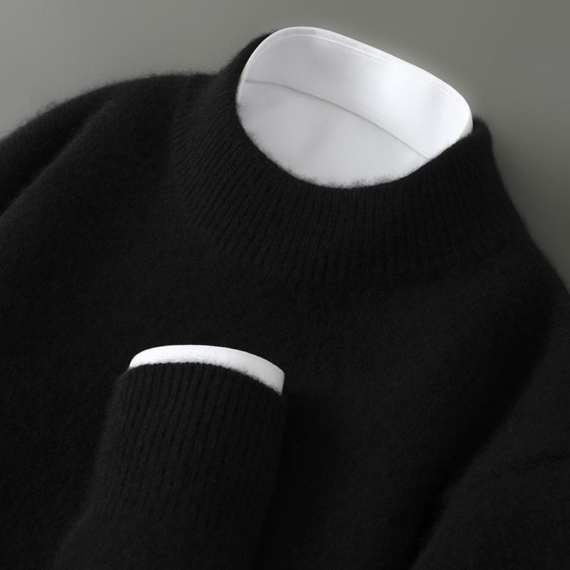 Men's 100% Pure Wool Half-High Collar Thick Cashmere Sweater - Autumn/Winter Loose Knit Pullover.