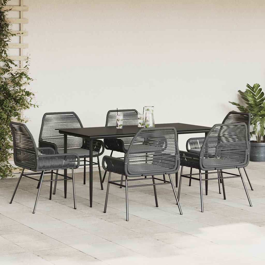 7 Piece Outdoor Dining Set with Cushions Black Poly Rattan Glass Table
