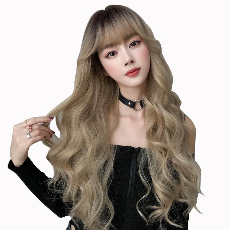 New Style Golden Long Curly Wig with Air Bangs - European and American Women's Design