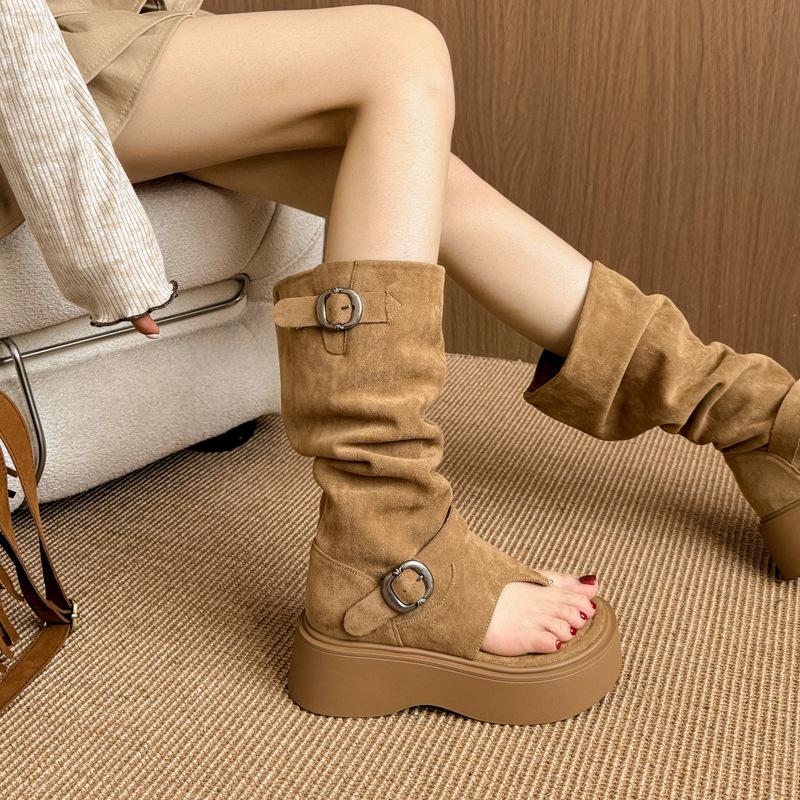 6Cm Thick-soled Flip-flops Cool Boots Women's Open-toed Western Boots 2025 Summer New Stacking Boots Heightening Short Boots