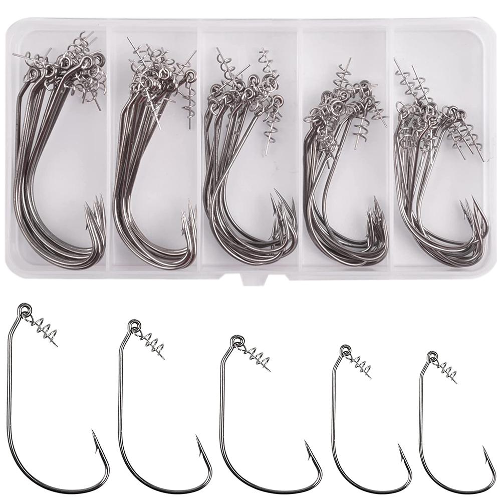 50Pcs/Box Fishing Worm Hook With Spring Twist Lock Barbed Crank Carp Hook For Soft Worm Bass Lure Offset Jig Hook